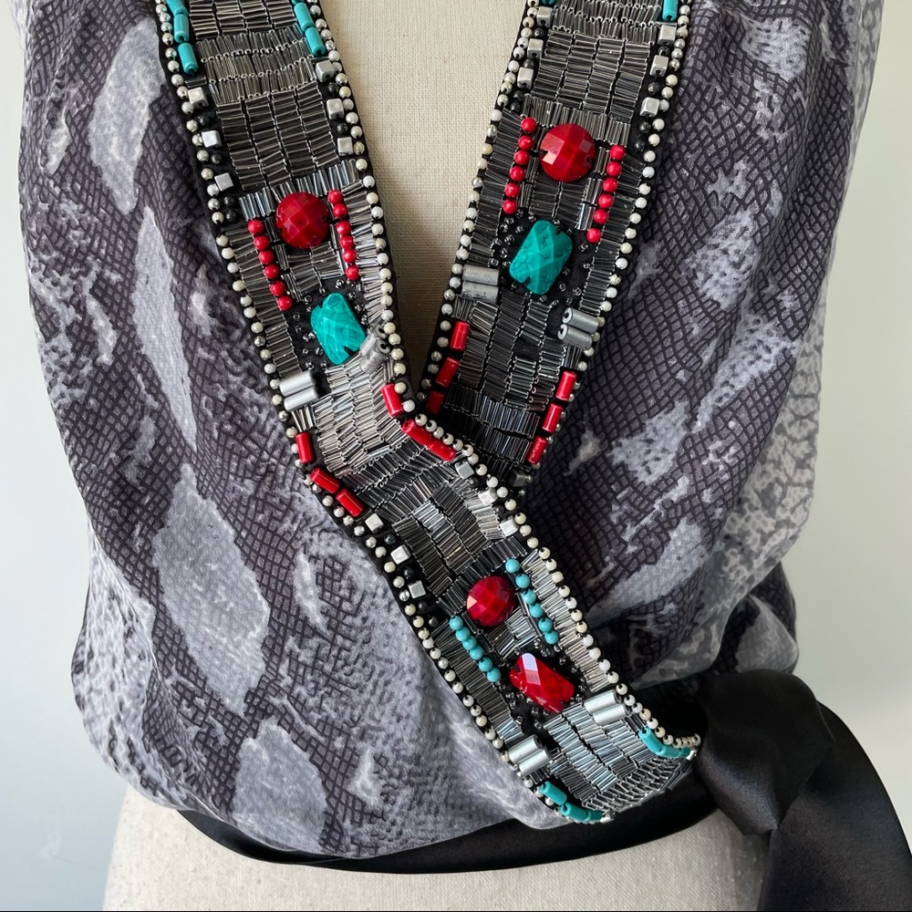 BEBE Silk Beaded Snake Printed Top